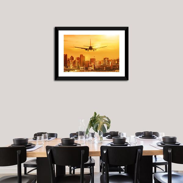 Airplane Flying Towards Big City Canvas Wall Art-3 Horizontal-Gallery Wrap-25" x 16"-Tiaracle