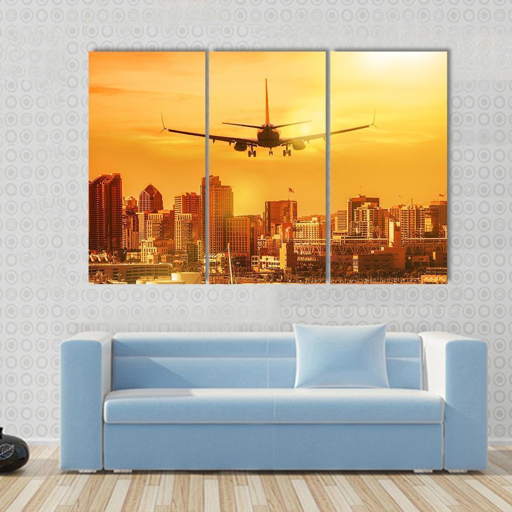Airplane Flying Towards Big City Canvas Wall Art-3 Horizontal-Gallery Wrap-37" x 24"-Tiaracle