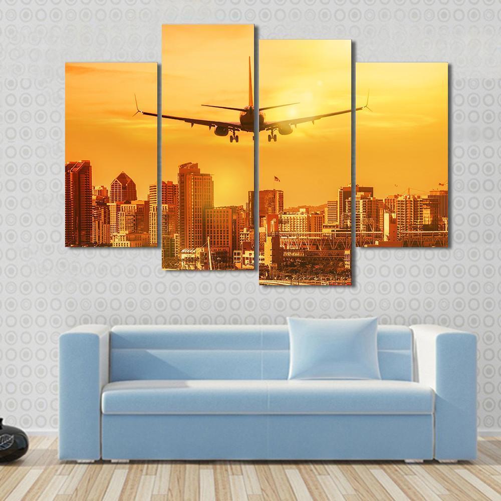 Airplane Flying Towards Big City Canvas Wall Art-4 Pop-Gallery Wrap-50&quot; x 32&quot;-Tiaracle