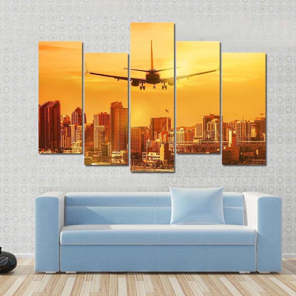 Airplane Flying Towards Big City Canvas Wall Art-5 Pop-Gallery Wrap-47&quot; x 32&quot;-Tiaracle