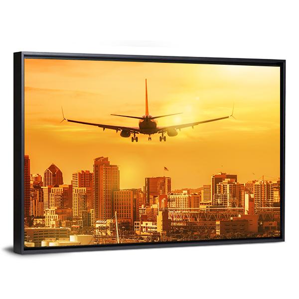 Airplane Flying Towards Big City Canvas Wall Art-5 Horizontal-Gallery Wrap-22" x 12"-Tiaracle