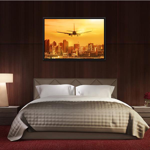 Airplane Flying Towards Big City Canvas Wall Art-5 Horizontal-Gallery Wrap-22" x 12"-Tiaracle