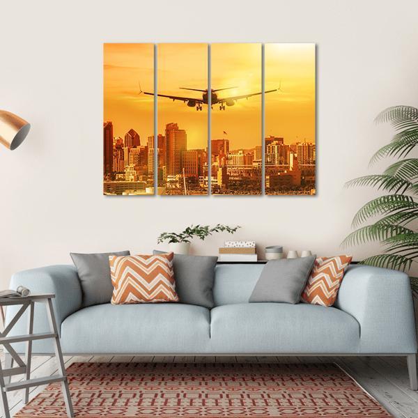 Airplane Flying Towards Big City Canvas Wall Art-4 Horizontal-Gallery Wrap-34" x 24"-Tiaracle