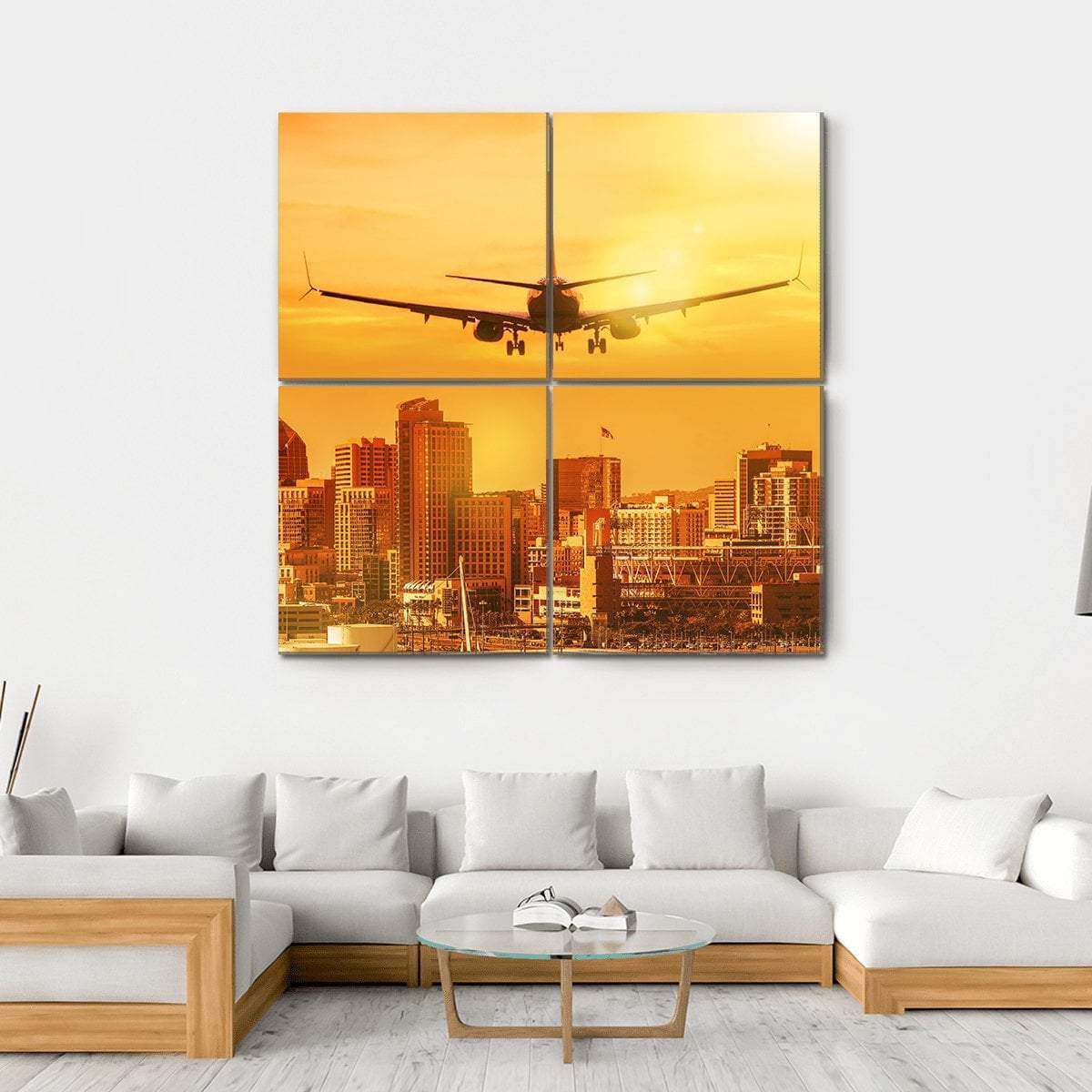 Airplane Flying Towards Big City Canvas Wall Art-4 Square-Gallery Wrap-17" x 17"-Tiaracle