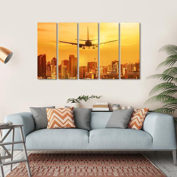Airplane Flying Towards Big City Canvas Wall Art-5 Horizontal-Gallery Wrap-22" x 12"-Tiaracle