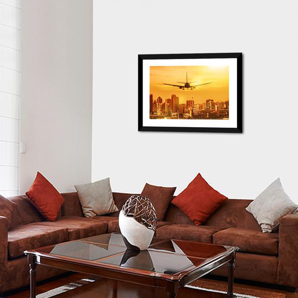 Airplane Flying Towards Big City Canvas Wall Art-5 Horizontal-Gallery Wrap-22" x 12"-Tiaracle