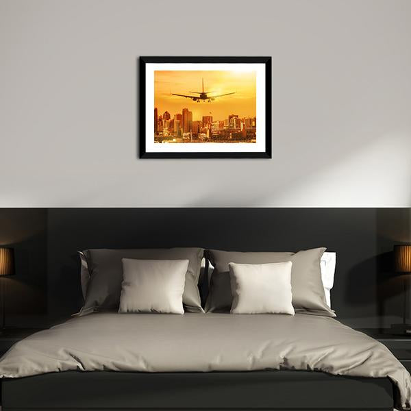 Airplane Flying Towards Big City Canvas Wall Art-5 Horizontal-Gallery Wrap-22" x 12"-Tiaracle