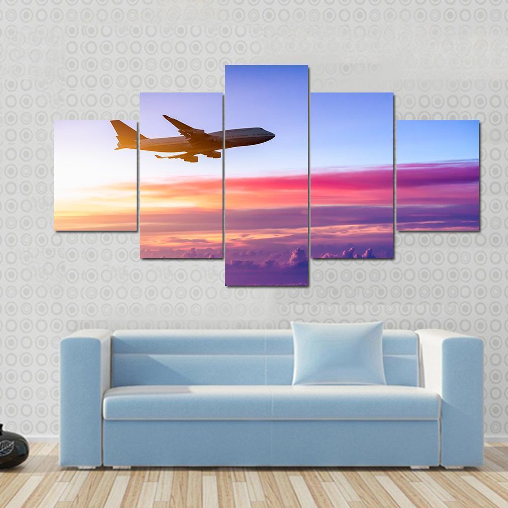 Airplane In The Sky Canvas Wall Art-5 Star-Gallery Wrap-62" x 32"-Tiaracle