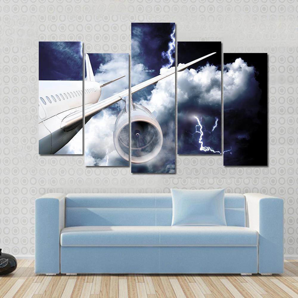 Airplane In Thunderstorm Canvas Wall Art-5 Pop-Gallery Wrap-47" x 32"-Tiaracle