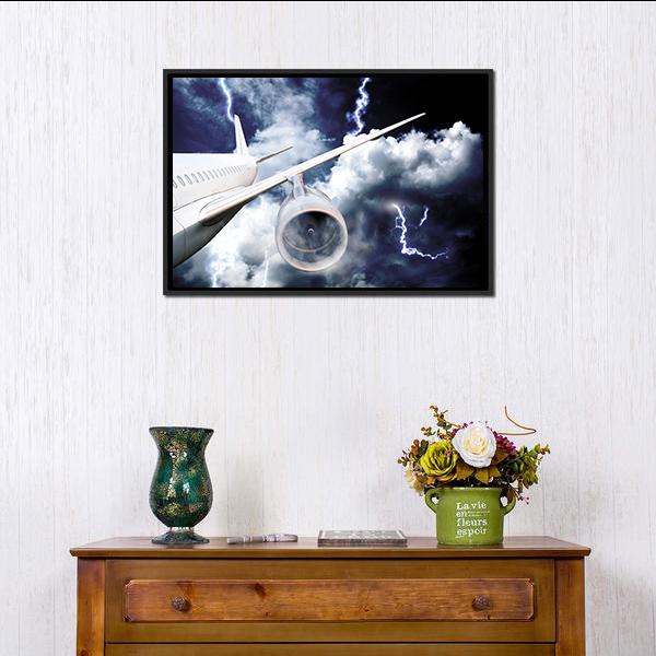 Airplane In Thunderstorm Canvas Wall Art-1 Piece-Floating Frame-24" x 16"-Tiaracle