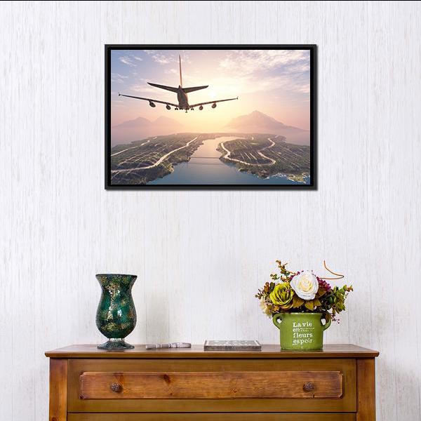 Airplane Landing On Island Canvas Wall Art-1 Piece-Floating Frame-24" x 16"-Tiaracle