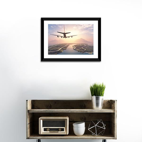 Airplane Landing On Island Canvas Wall Art-1 Piece-Framed Print-20&quot; x 16&quot;-Tiaracle