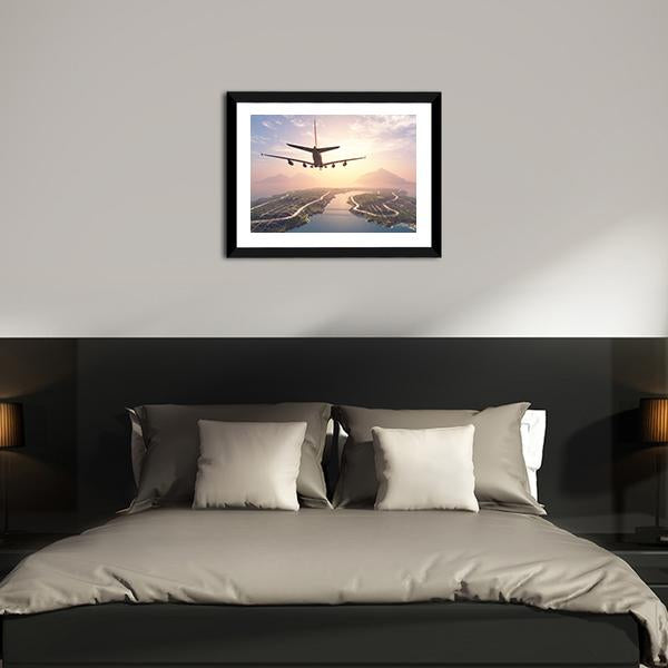 Airplane Landing On Island Canvas Wall Art-3 Horizontal-Gallery Wrap-25" x 16"-Tiaracle
