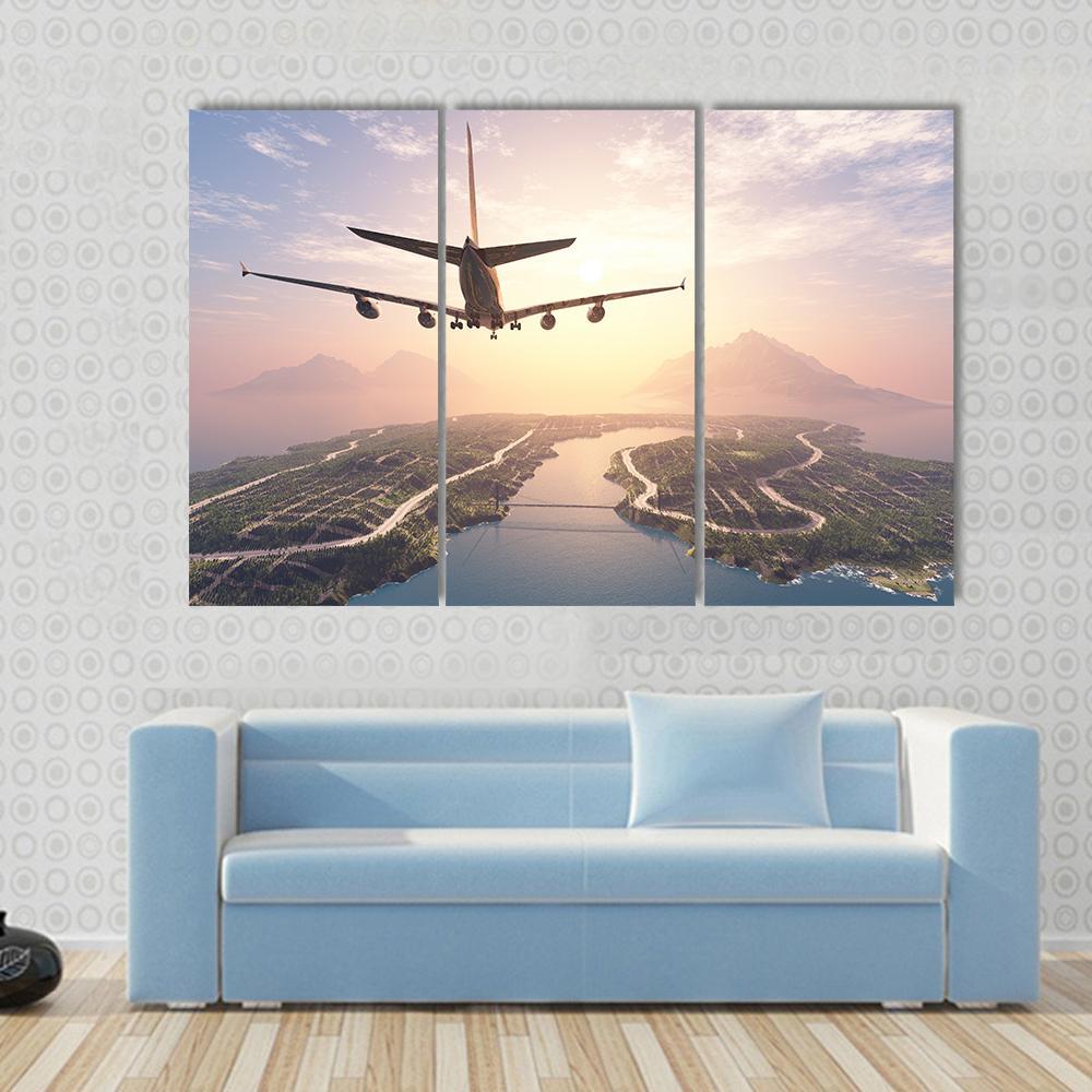 Airplane Landing On Island Canvas Wall Art-3 Horizontal-Gallery Wrap-37" x 24"-Tiaracle