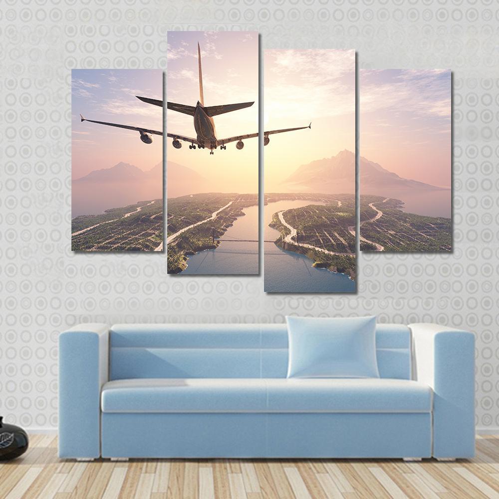 Airplane Landing On Island Canvas Wall Art-4 Pop-Gallery Wrap-50&quot; x 32&quot;-Tiaracle