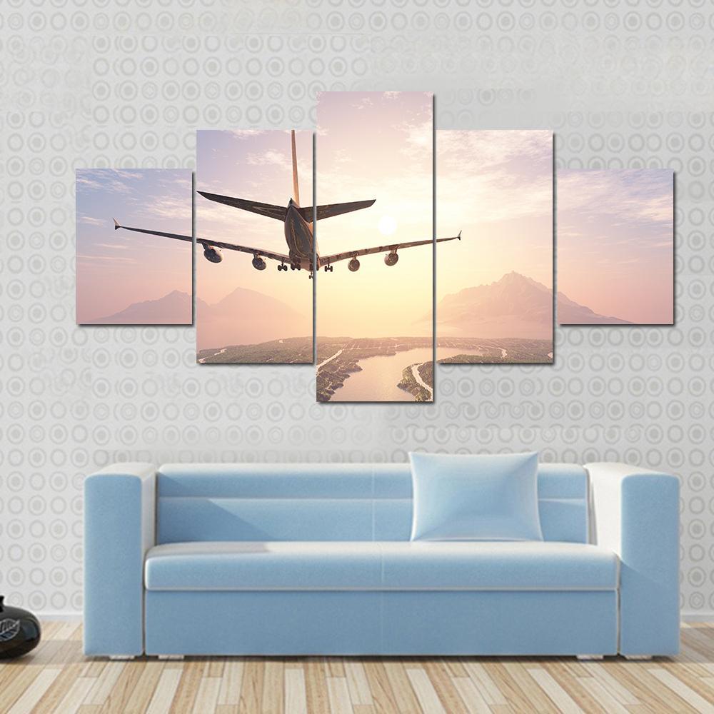 Airplane Landing On Island Canvas Wall Art-5 Star-Gallery Wrap-62&quot; x 32&quot;-Tiaracle