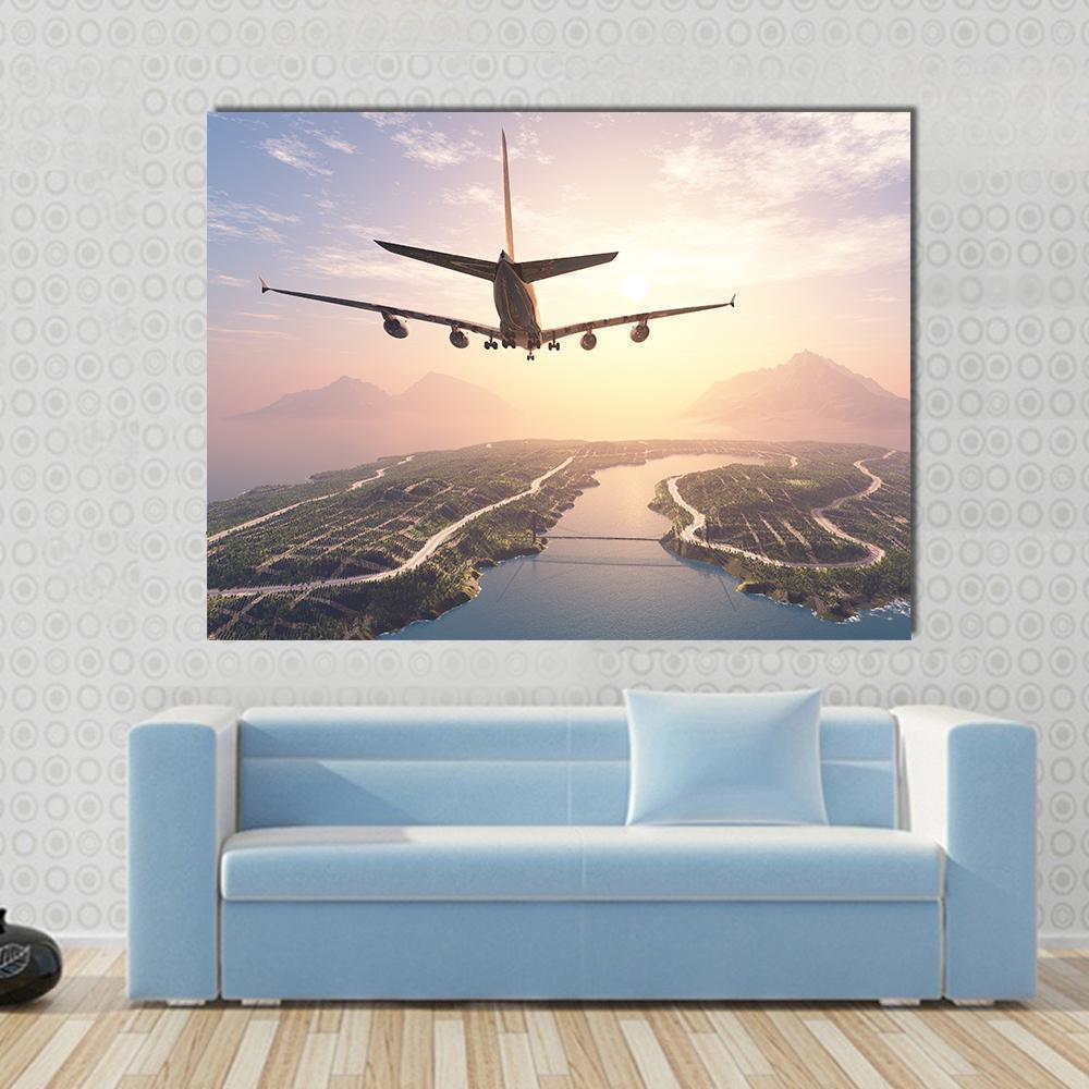 Four-engine Jet Landing Over an Island Canvas Wall Art in white, orange and blue, single panel hung on a wall