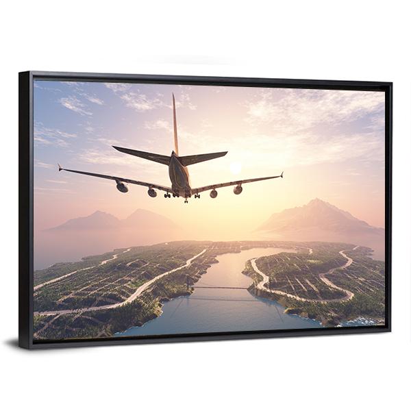 Airplane Landing On Island Canvas Wall Art-5 Horizontal-Gallery Wrap-22" x 12"-Tiaracle