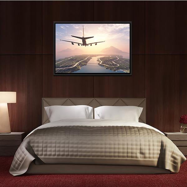Airplane Landing On Island Canvas Wall Art-5 Horizontal-Gallery Wrap-22" x 12"-Tiaracle