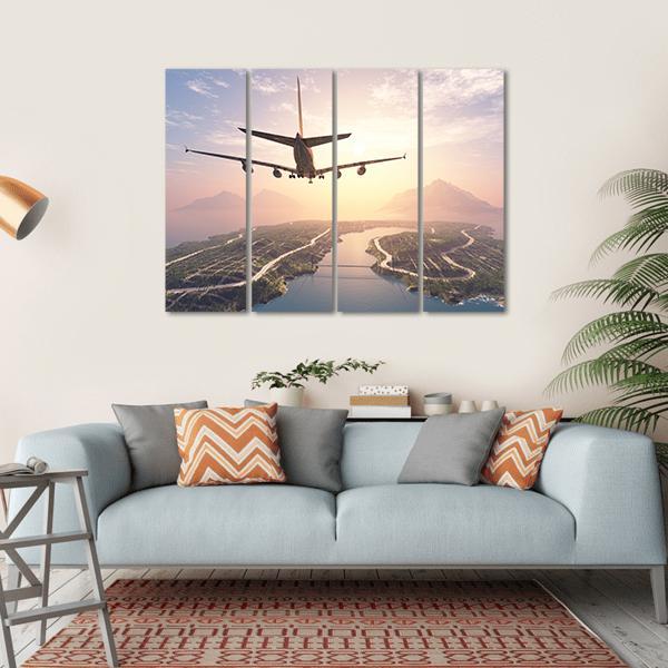 Airplane Landing On Island Canvas Wall Art-4 Horizontal-Gallery Wrap-34" x 24"-Tiaracle