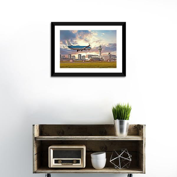 Airplane Landing On Schiphol Airport Canvas Wall Art-1 Piece-Framed Print-20" x 16"-Tiaracle