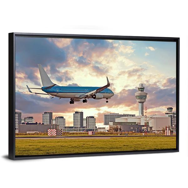 Airplane Landing On Schiphol Airport Canvas Wall Art-3 Horizontal-Gallery Wrap-25&quot; x 16&quot;-Tiaracle