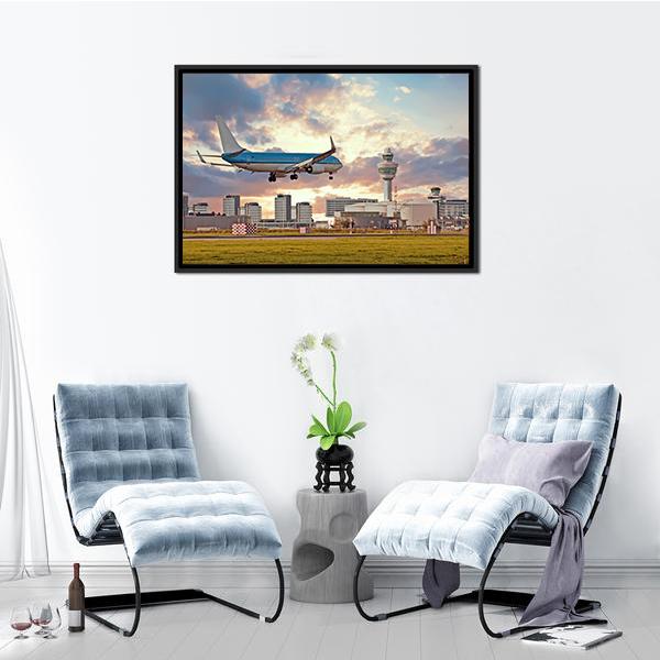 Airplane Landing On Schiphol Airport Canvas Wall Art-3 Horizontal-Gallery Wrap-25" x 16"-Tiaracle