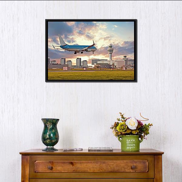 Airplane Landing On Schiphol Airport Canvas Wall Art-3 Horizontal-Gallery Wrap-25&quot; x 16&quot;-Tiaracle