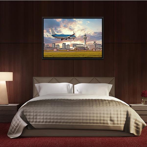 Airplane Landing On Schiphol Airport Canvas Wall Art-3 Horizontal-Gallery Wrap-25" x 16"-Tiaracle