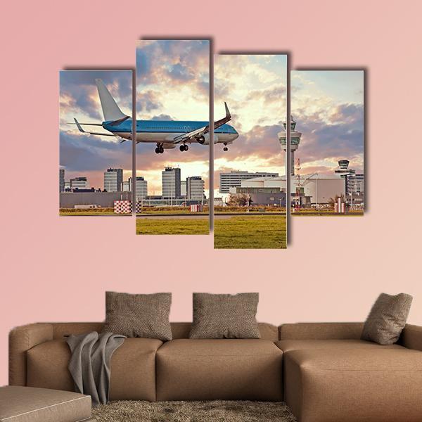 Airplane Landing On Schiphol Airport Canvas Wall Art-4 Pop-Gallery Wrap-50&quot; x 32&quot;-Tiaracle