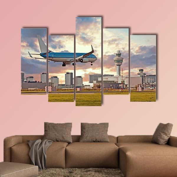 Airplane Landing On Schiphol Airport Canvas Wall Art-5 Pop-Gallery Wrap-47&quot; x 32&quot;-Tiaracle