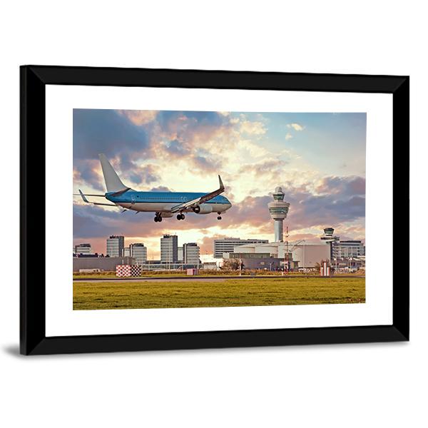 Airplane Landing On Schiphol Airport Canvas Wall Art-3 Horizontal-Gallery Wrap-25&quot; x 16&quot;-Tiaracle