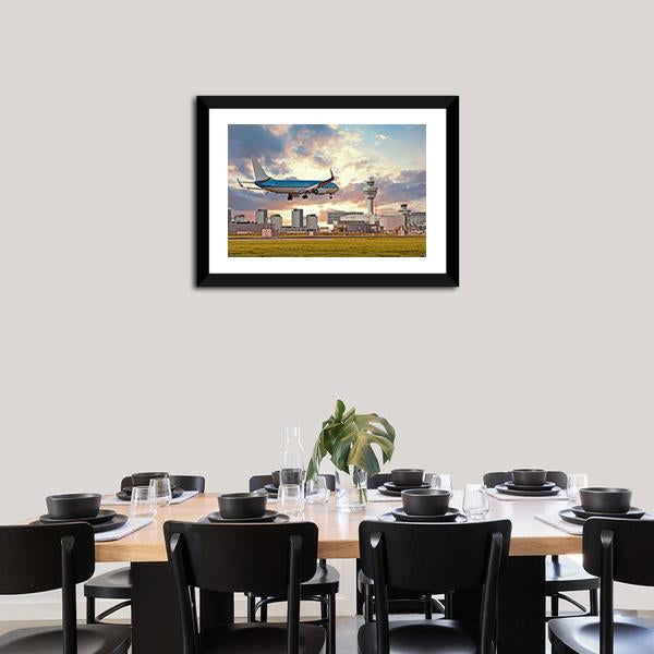 Airplane Landing On Schiphol Airport Canvas Wall Art-3 Horizontal-Gallery Wrap-25&quot; x 16&quot;-Tiaracle