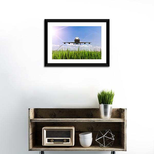 Airplane On Blue Sky Canvas Wall Art-1 Piece-Framed Print-20" x 16"-Tiaracle