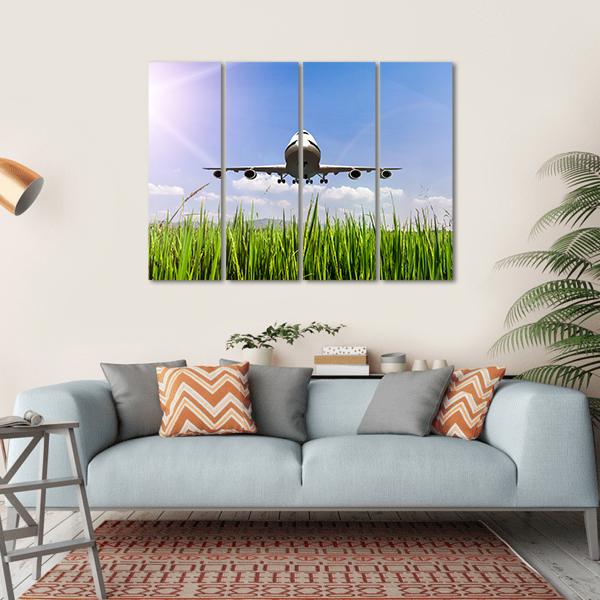 Airplane On Blue Sky Canvas Wall Art-4 Horizontal-Gallery Wrap-34" x 24"-Tiaracle