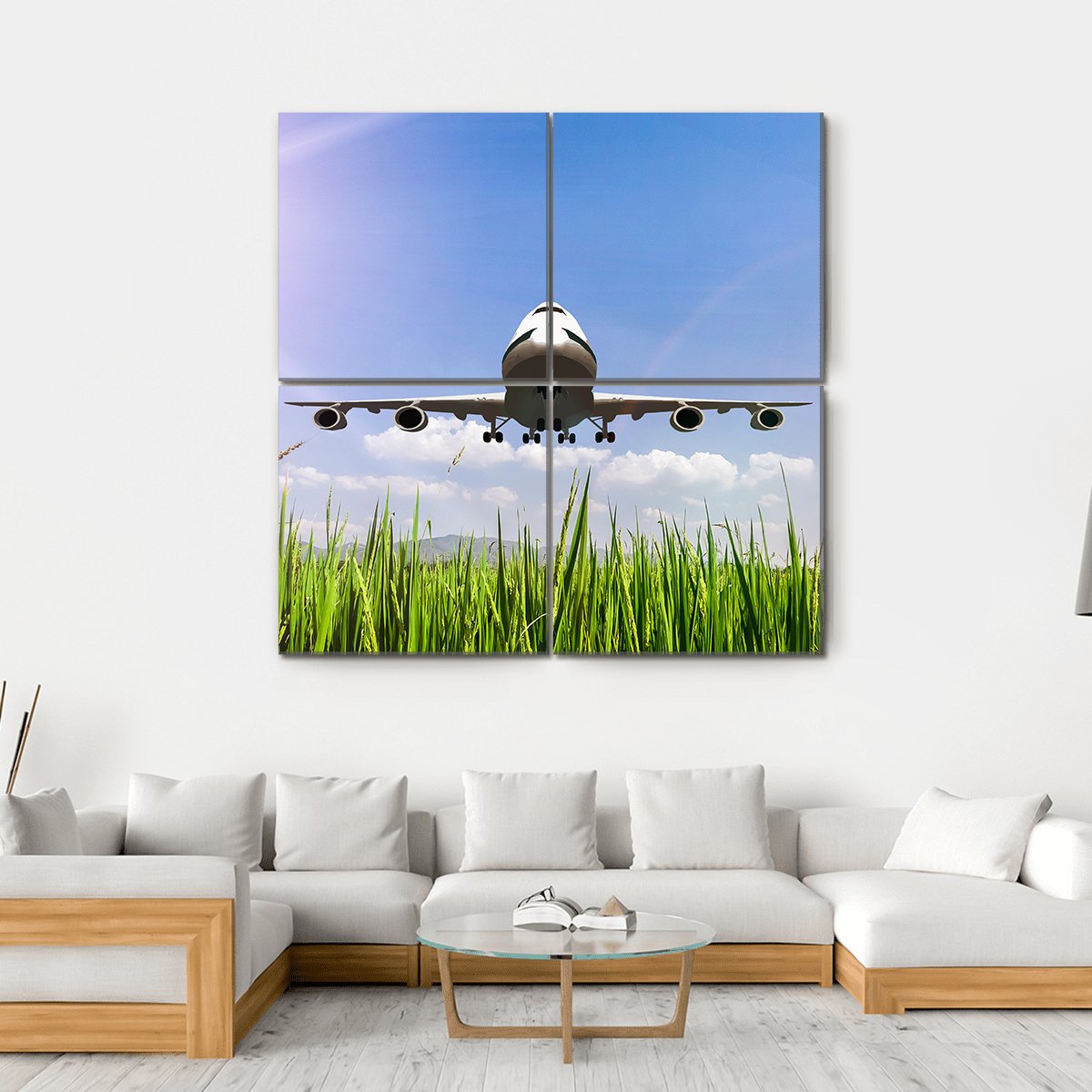 Airplane On Blue Sky Canvas Wall Art-4 Square-Gallery Wrap-17" x 17"-Tiaracle