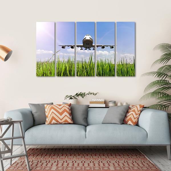 Airplane On Blue Sky Canvas Wall Art-5 Horizontal-Gallery Wrap-22" x 12"-Tiaracle