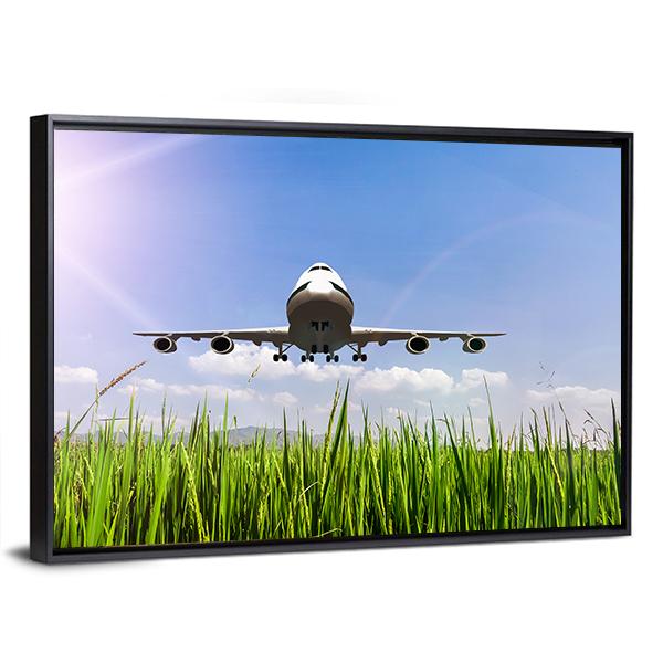 Airplane On Blue Sky Canvas Wall Art-5 Horizontal-Gallery Wrap-22" x 12"-Tiaracle
