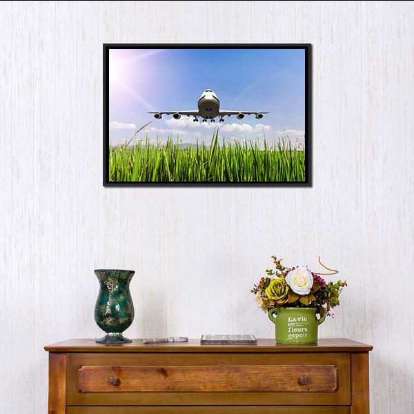 Airplane On Blue Sky Canvas Wall Art-5 Horizontal-Gallery Wrap-22" x 12"-Tiaracle