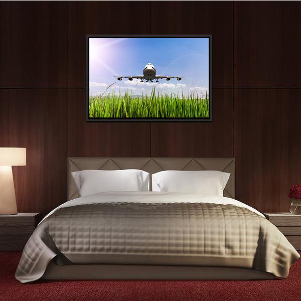 Airplane On Blue Sky Canvas Wall Art-3 Horizontal-Gallery Wrap-25" x 16"-Tiaracle