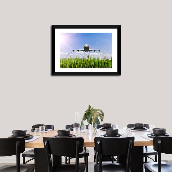 Airplane On Blue Sky Canvas Wall Art-5 Horizontal-Gallery Wrap-22" x 12"-Tiaracle