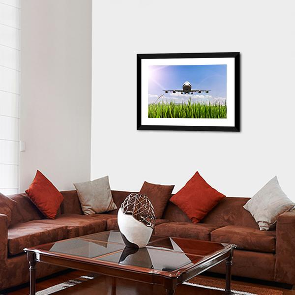 Airplane On Blue Sky Canvas Wall Art-5 Horizontal-Gallery Wrap-22" x 12"-Tiaracle