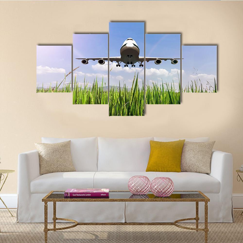 Airplane On Blue Sky Canvas Wall Art-5 Pop-Gallery Wrap-47" x 32"-Tiaracle