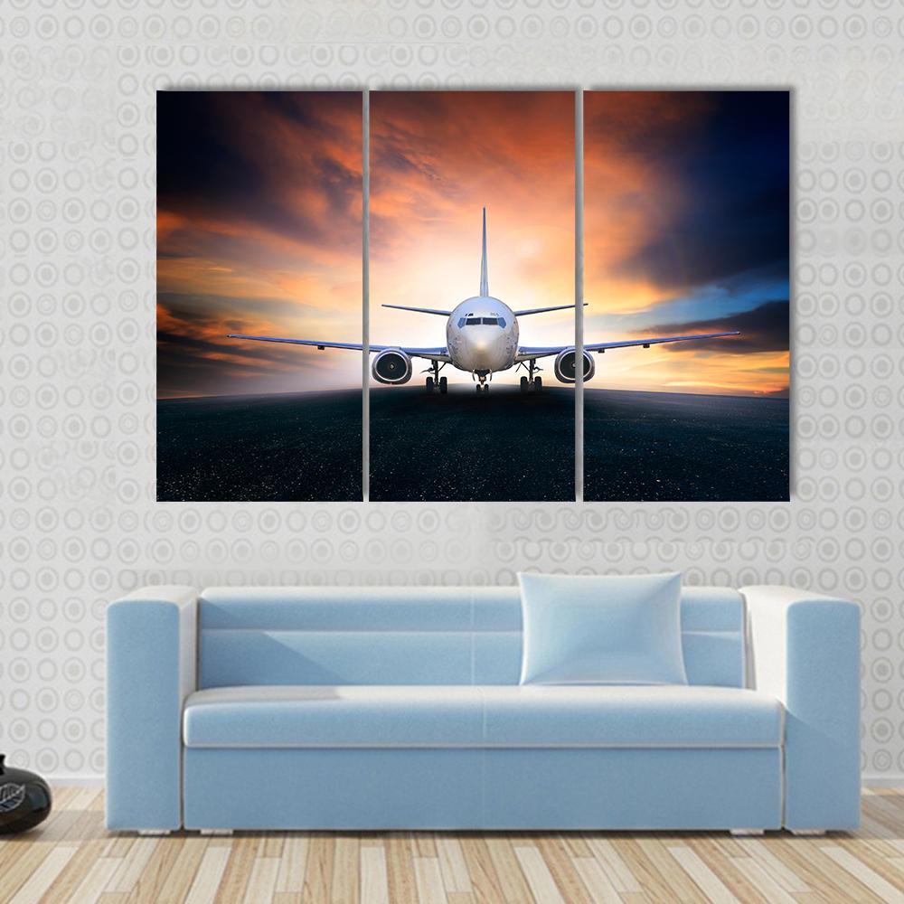 Airplane On Runway Canvas Wall Art-3 Horizontal-Gallery Wrap-37" x 24"-Tiaracle