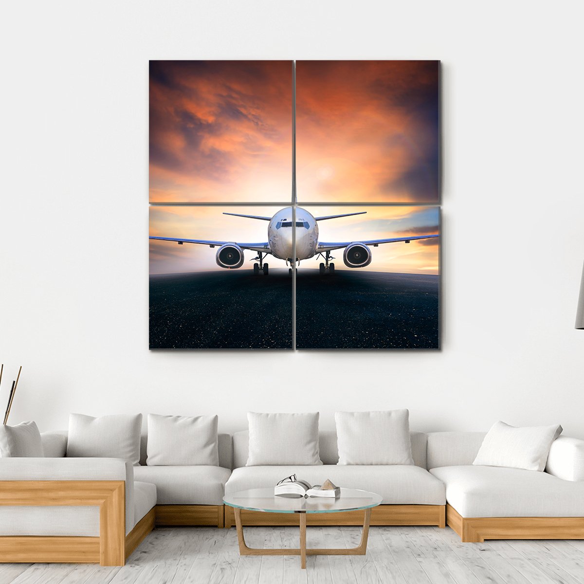 Airplane On Runway Canvas Wall Art-4 Square-Gallery Wrap-17" x 17"-Tiaracle