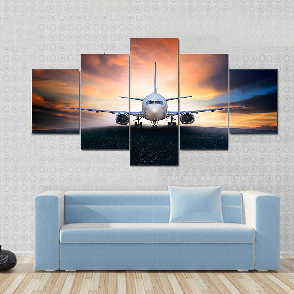 Airplane On Runway Canvas Wall Art-5 Star-Gallery Wrap-62" x 32"-Tiaracle