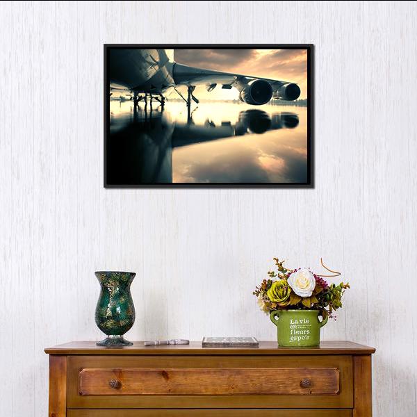 Airplane Over Water In The Thailand Canvas Wall Art-1 Piece-Floating Frame-24" x 16"-Tiaracle