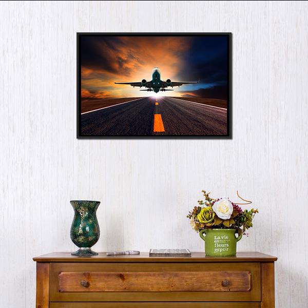 Airplane Taking Off From A Runway Canvas Wall Art-1 Piece-Floating Frame-24&quot; x 16&quot;-Tiaracle