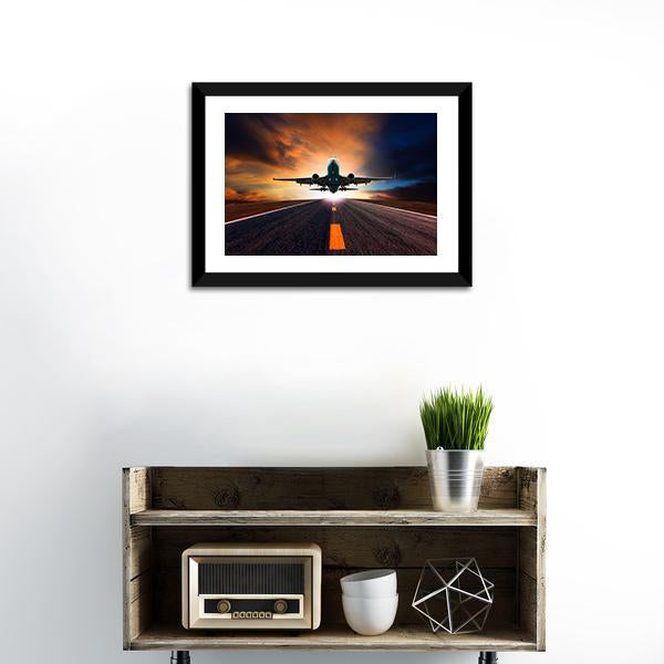 Airplane Taking Off From A Runway Canvas Wall Art-1 Piece-Framed Print-20" x 16"-Tiaracle