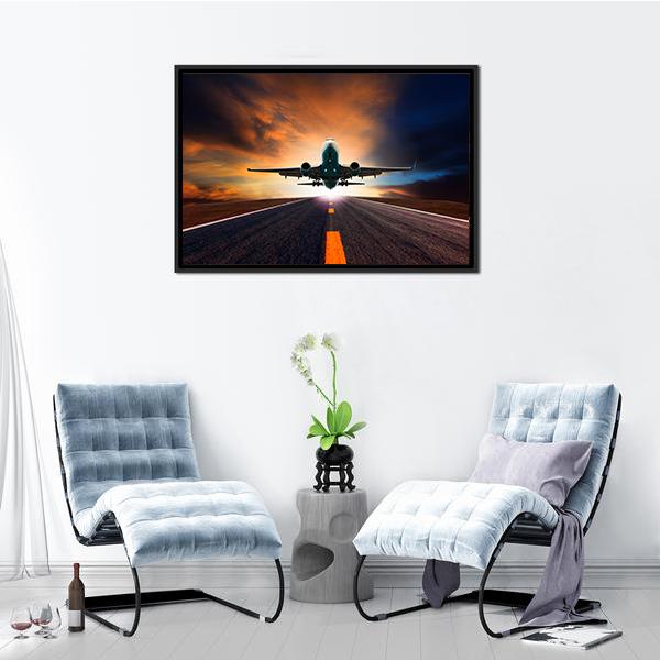 Airplane Taking Off From A Runway Canvas Wall Art-3 Horizontal-Gallery Wrap-37" x 24"-Tiaracle